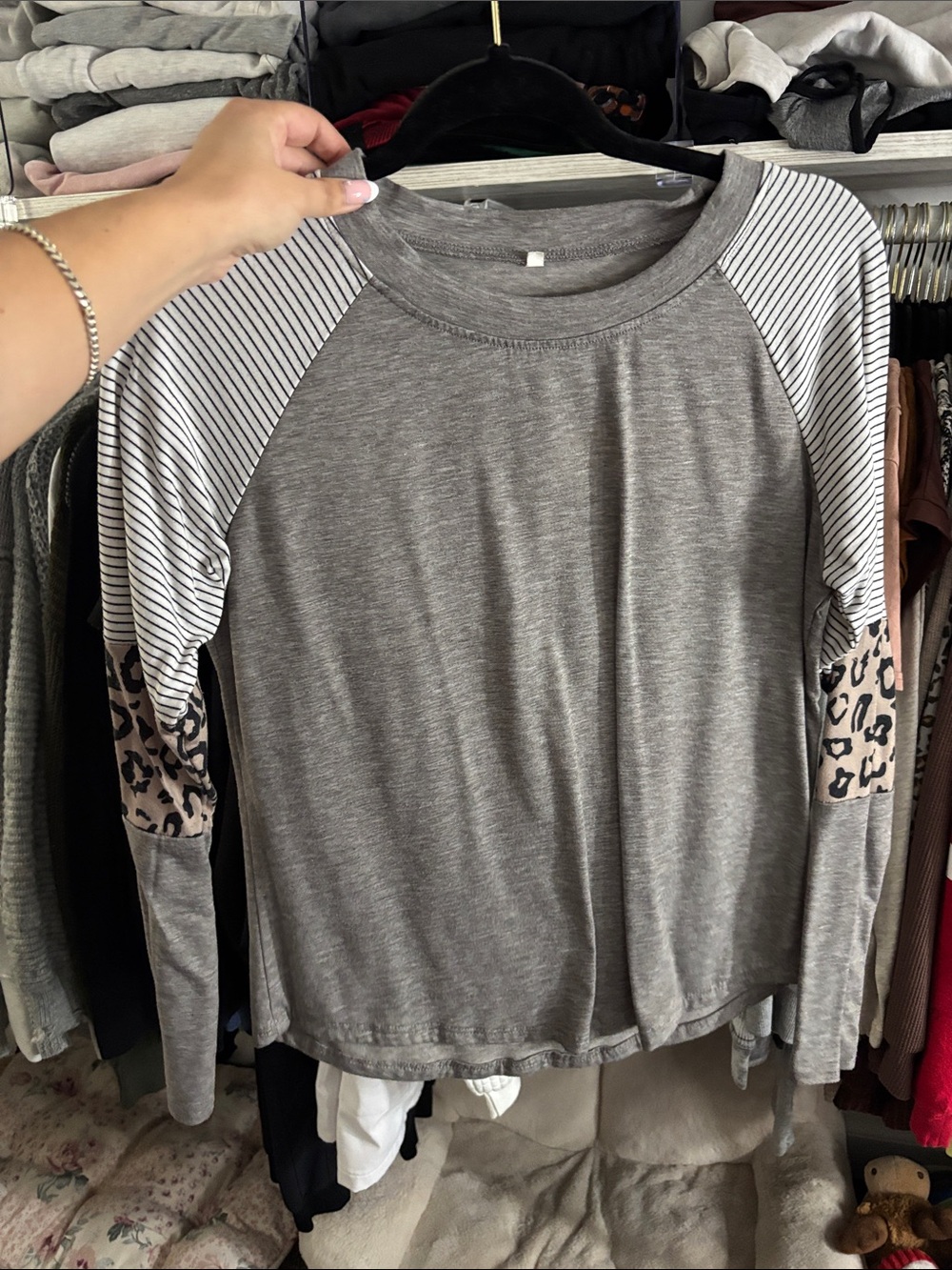 Women's Grey Raglan Long Sleeve Top with Striped and Leopard Accents